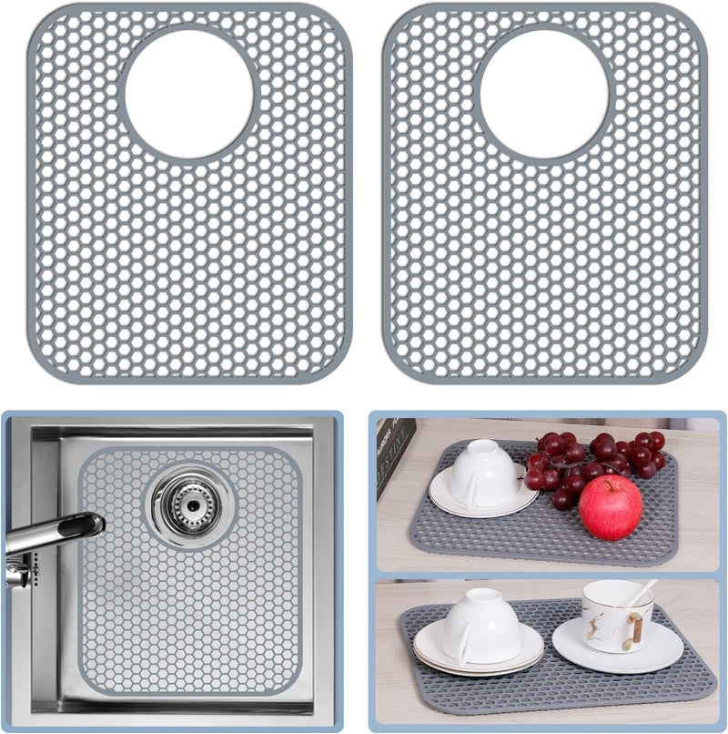 Bestjing 2 Pack Silicone Kitchen Sink Protector Mat with Rear Drain - 13.58''x 11.6'' Kitchen Sink Accessory, Folding Non-Slip Heat Resistant Mat Grid for Bottom of Porcelain Stainless Steel - Image 1